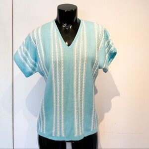 VINTAGE Soft Robin’s Egg Blue Pastel White Striped Short Sleeved Top